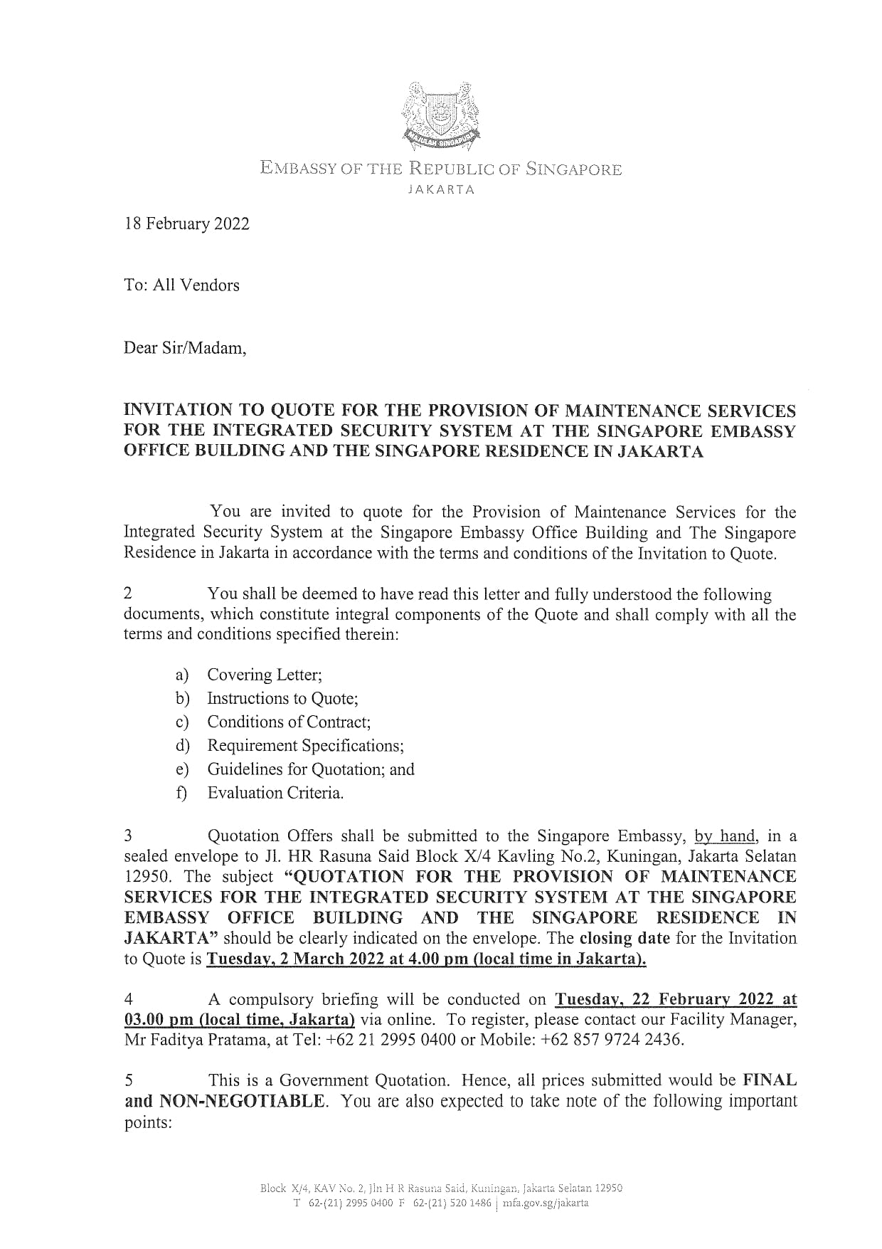 Official letter, "Invitation to Quote," Singapore Embassy Jakarta, maintenance services.